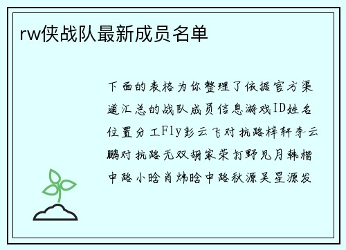 rw侠战队最新成员名单